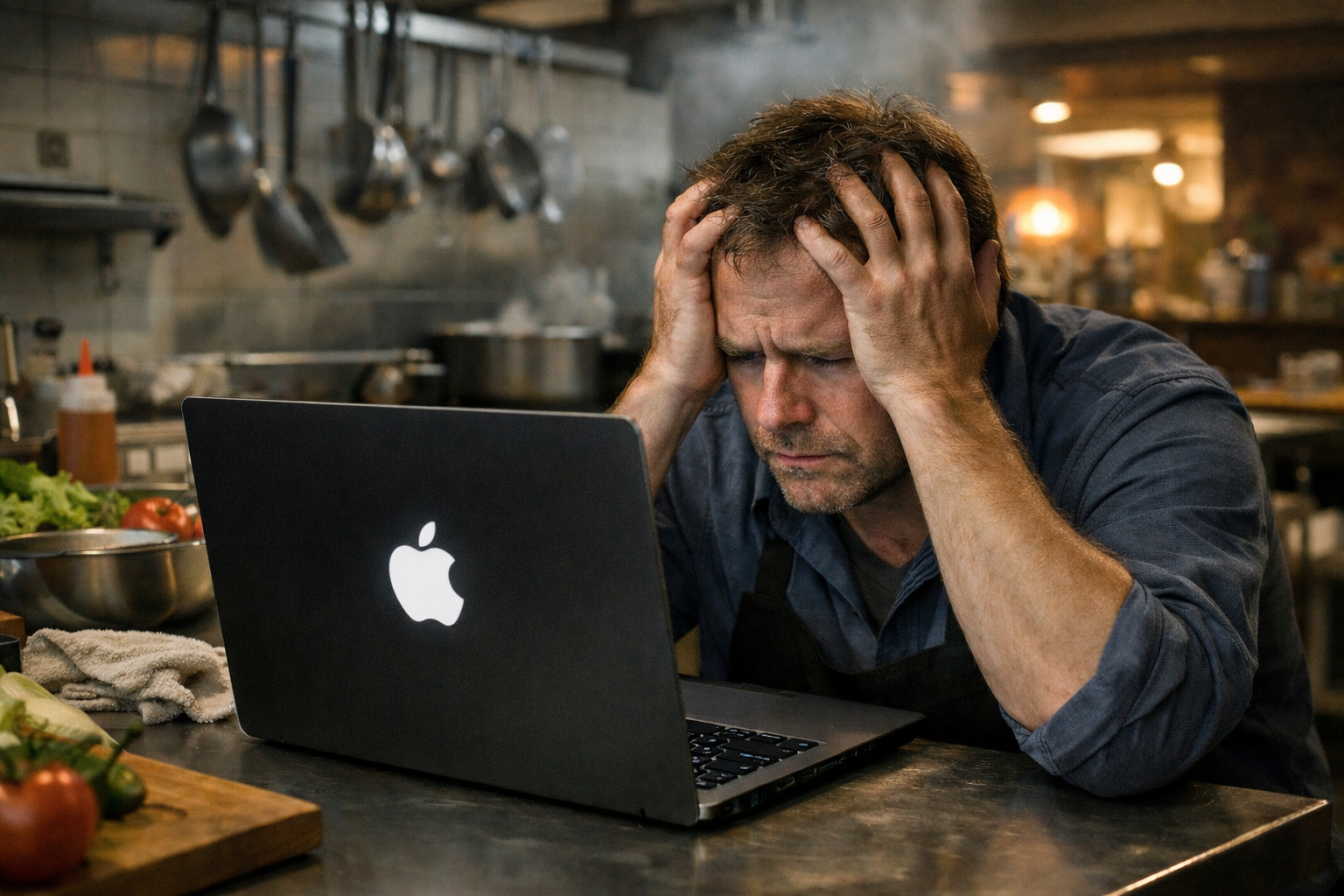 Ristoratore in cucina al computer che si dispera