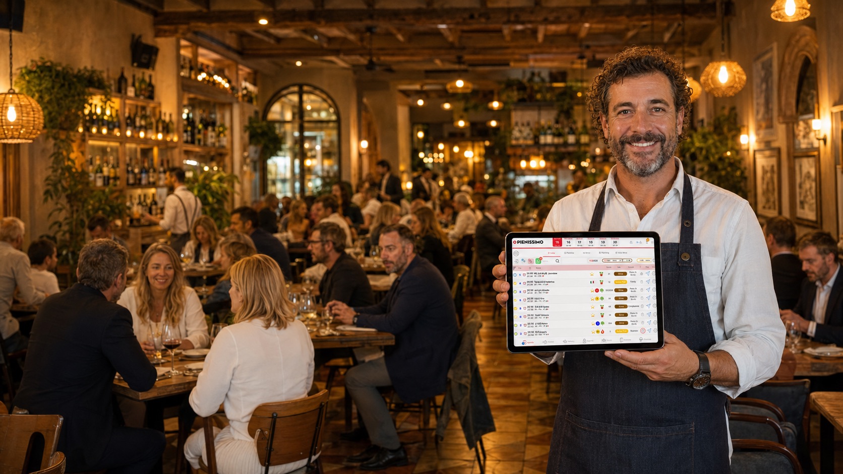 Ristorante pieno di clienti la sera, locale gestito con Pienissimo Pro