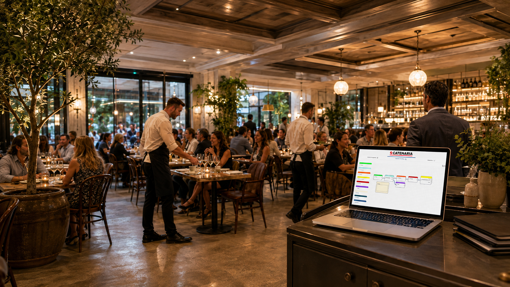 Sala di un ristorante pieno con il workflow della Catenaria aperto sul portatile del titolare