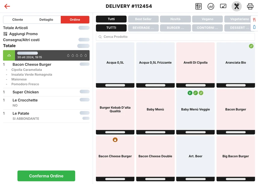 Illustrazione della composizione di un ordine delivery dal menu digitale di Pienissimo Pro