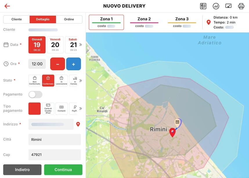 Illustrazione della schermata Nuovo Delivery di Pienissimo Pro: zone di consegna sulla mappa con costi differenziati