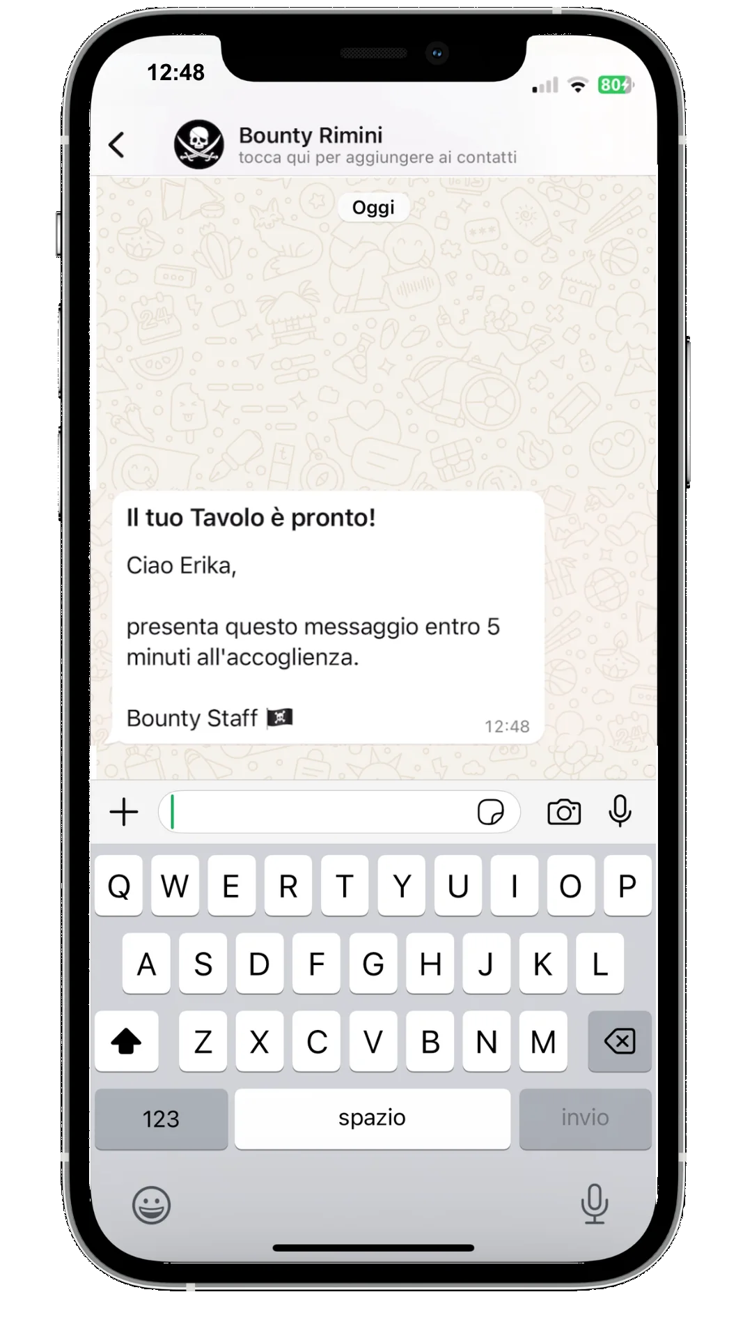 Demo Fila Fast: notifica WhatsApp automatica 'Il tuo tavolo è pronto' inviata al cliente