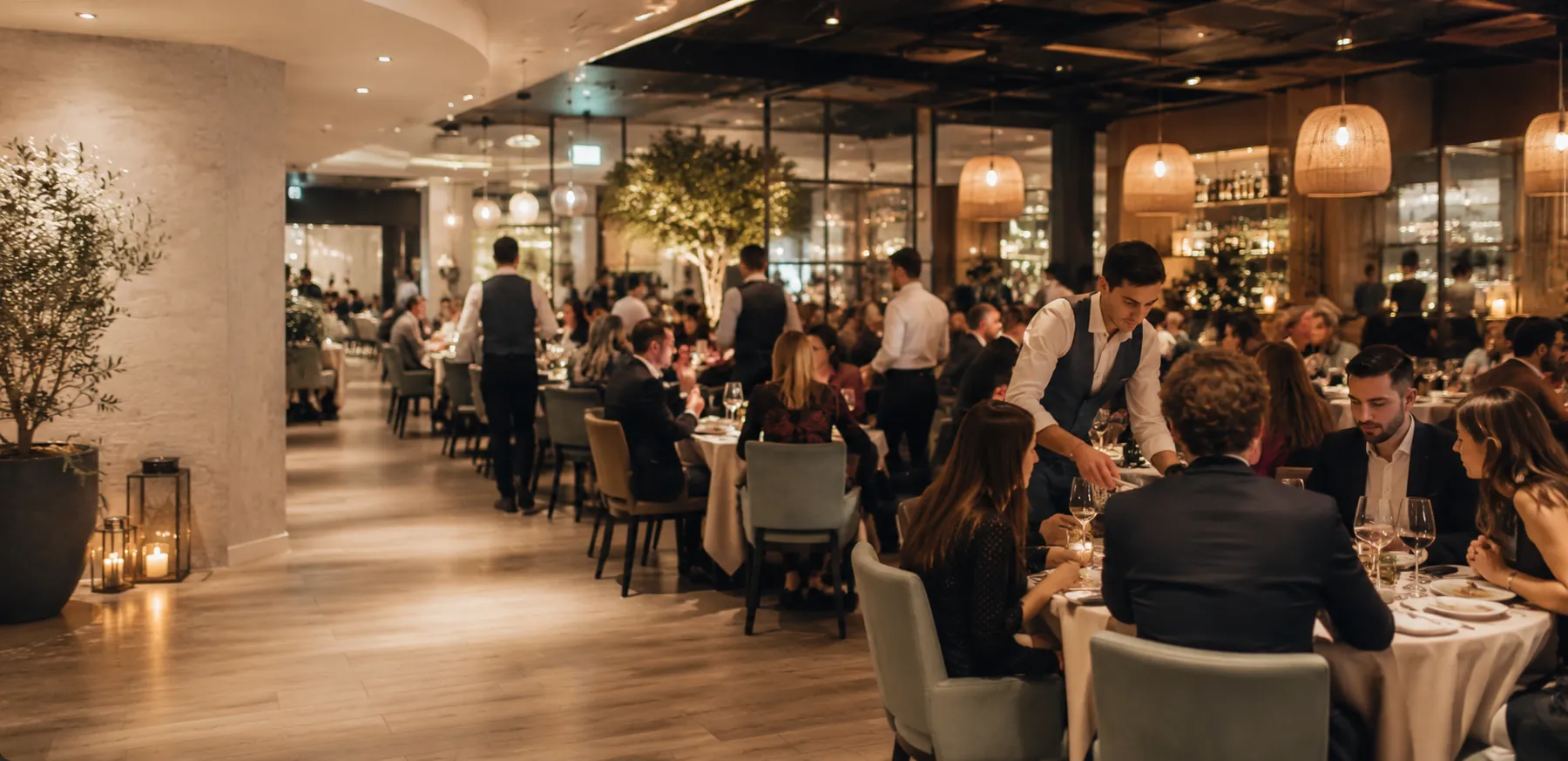 Ristorante pieno di clienti la sera, con camerieri al lavoro — locale gestito con Pienissimo Pro