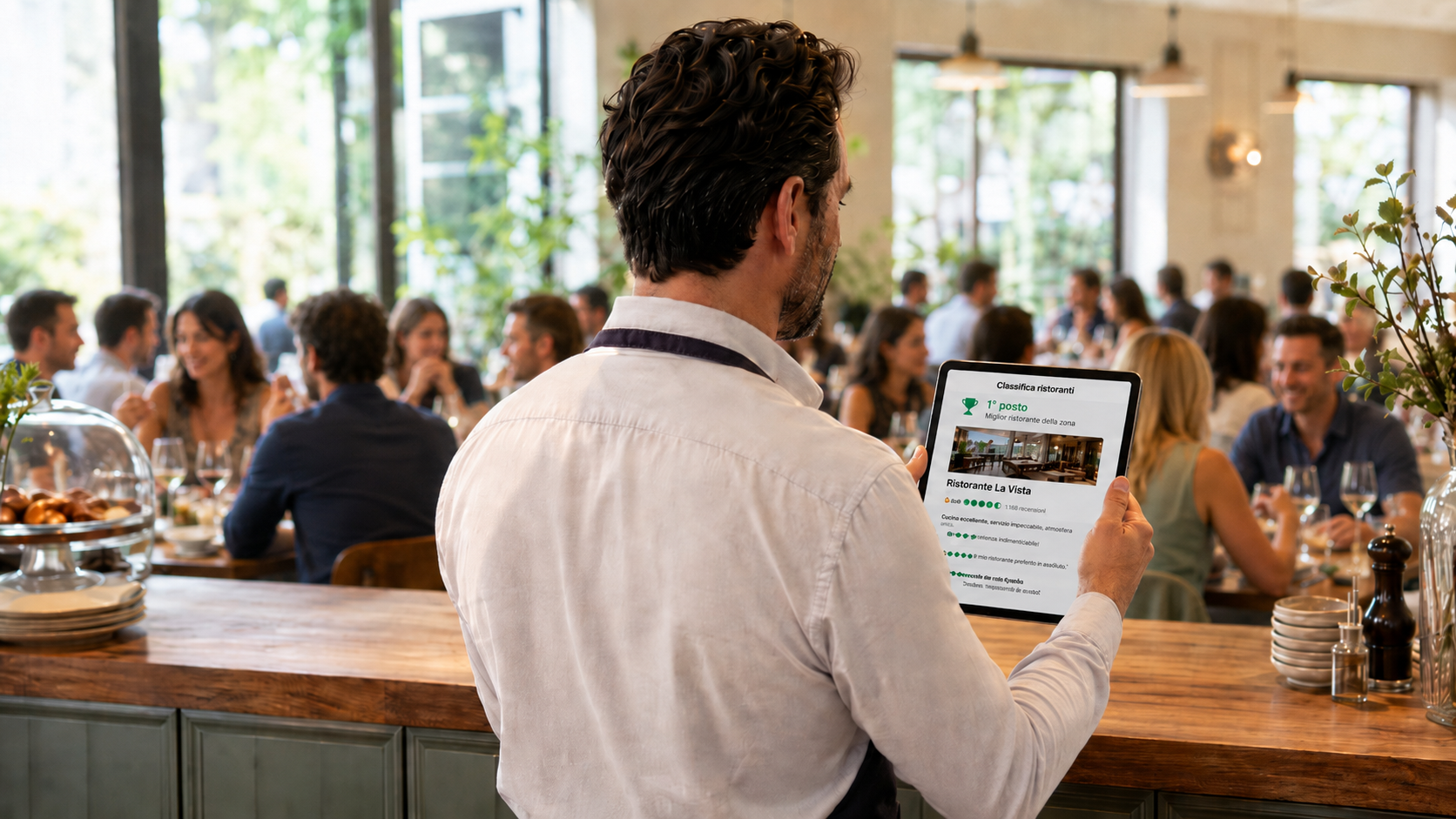Cliente soddisfatto al ristorante che lascia una recensione dal proprio smartphone